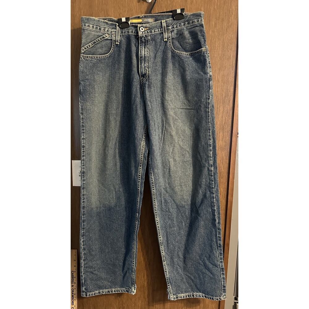 Vintage Y2K Silvertab Levi mens denim baggy blue jeans 34x34 cuts on bottom- pic